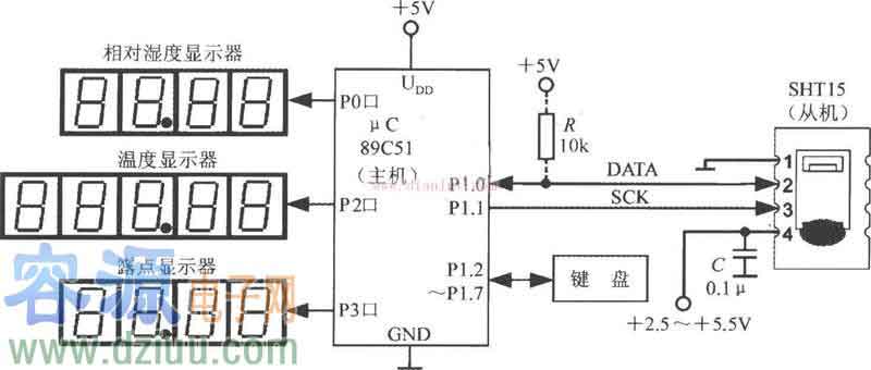 以SHT15與89C51構成的測試相對濕度系統的<a href=http://m.jssjbk.com/dianlutu/ target=_blank class=infotextkey>電路圖</a>