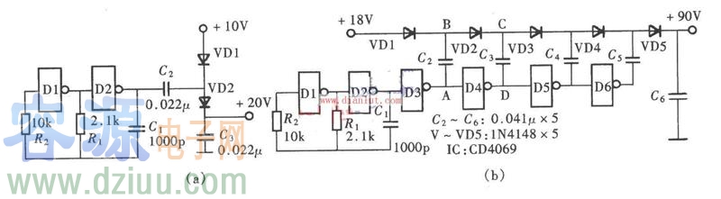 CD4069倍壓升壓電源電路